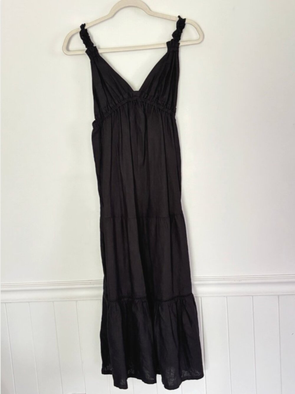 Love Tree Black Linen Blend Vneck Tiered Midi Dress Small Neutral Minimalist*a32